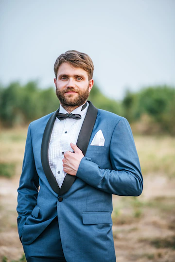 Garnitur BLUBELL – niebieski garnitur smokingowy z czarnymi wstawkami na klapach i mankietach – elegancka stylizacja męska