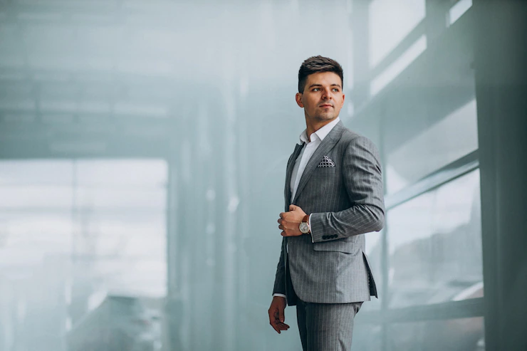 Garnitur REGINALD – szary garnitur męski dwuczęściowy, jednorzędowa marynarka w subtelny wzór ton w ton – elegancka stylizacja